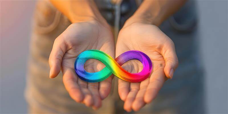 A person holds a rainbow-colored infinity symbol in their open palms, suggesting themes of diversity and endless possibilities