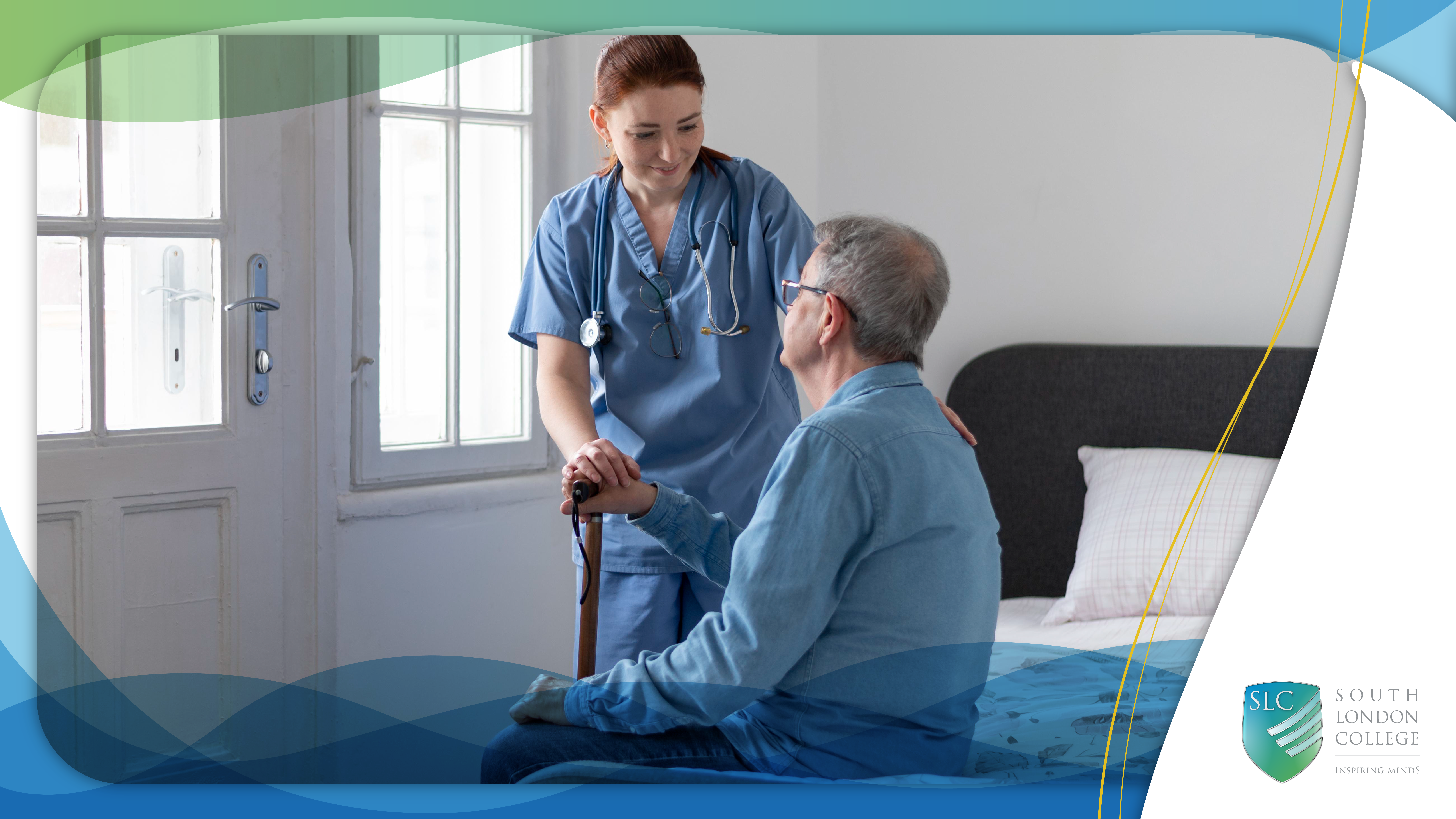 Female healthcare worker supporting elderly male patient at home – South London College Level 3 Diploma in Health and Social Care