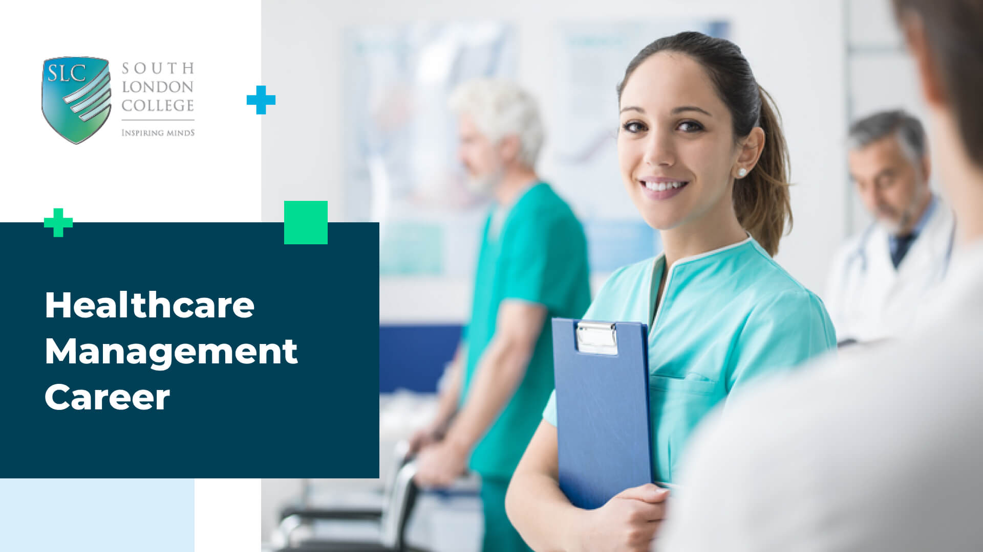 Smiling female healthcare professional holding a clipboard in a medical setting, promoting Healthcare Management Career at South London College.