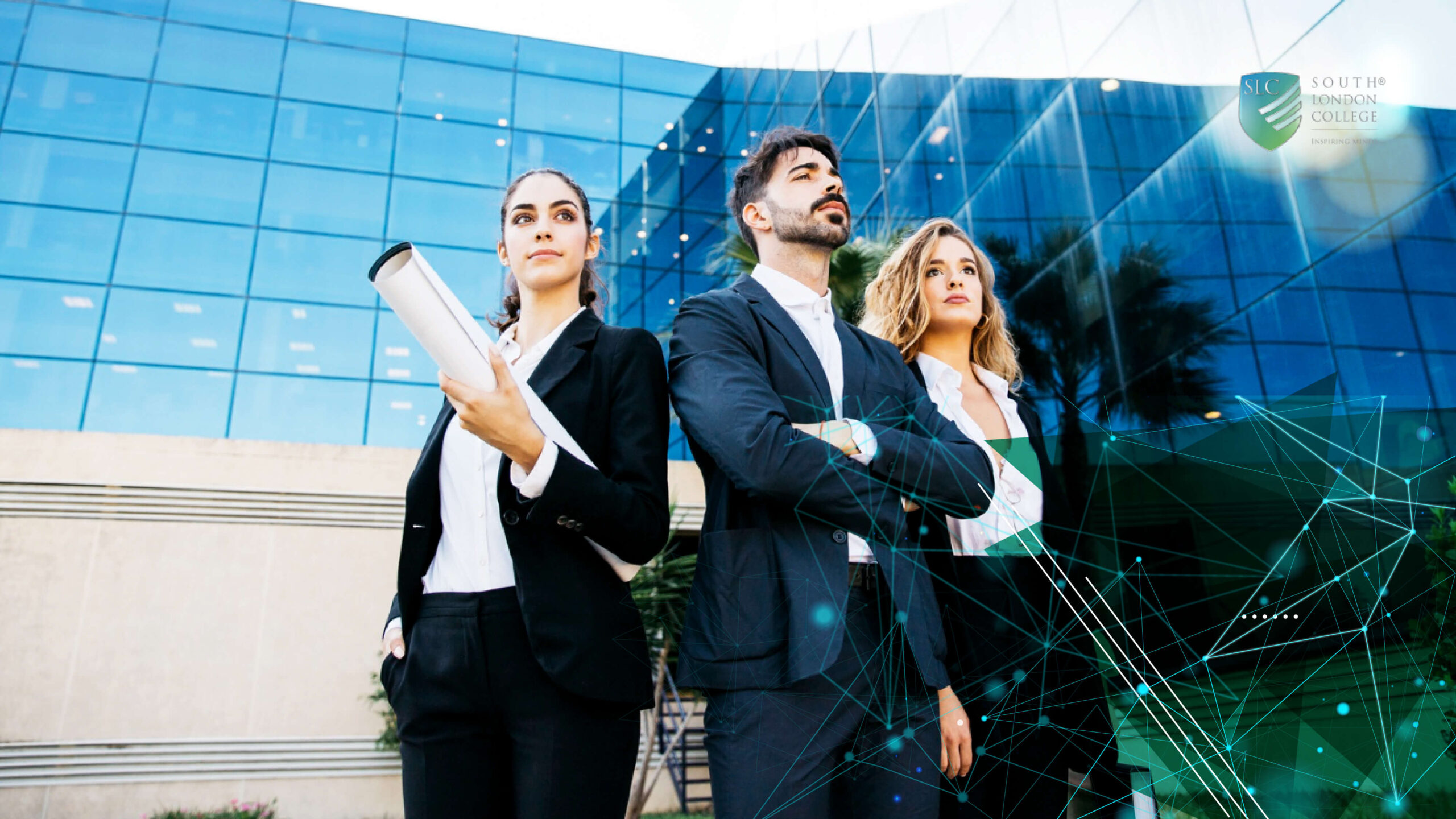Young professionals in business attire outside office.